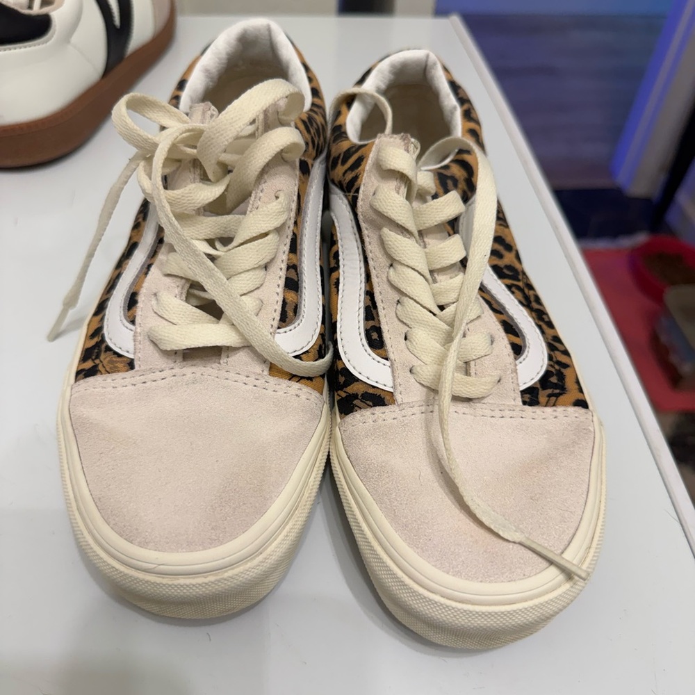 Vans Leopard Print Athletic Shoes - Cream and Black